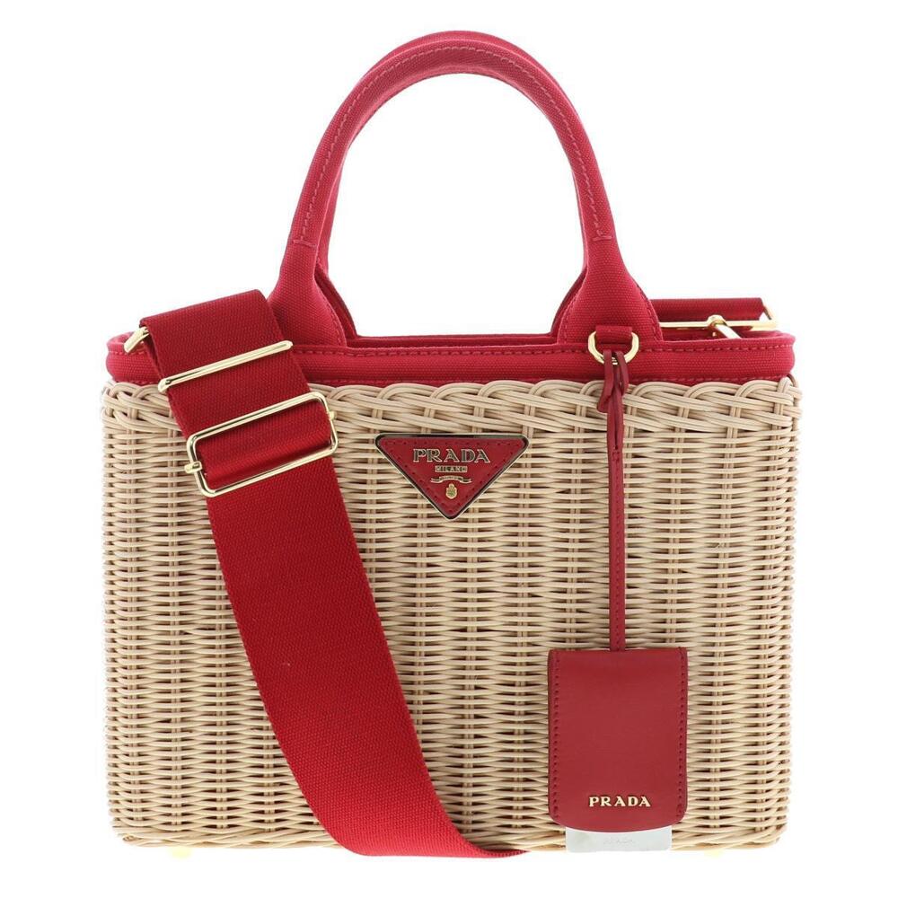 PRADA Wicker Canvas Basket Bag Handbag Beige Red